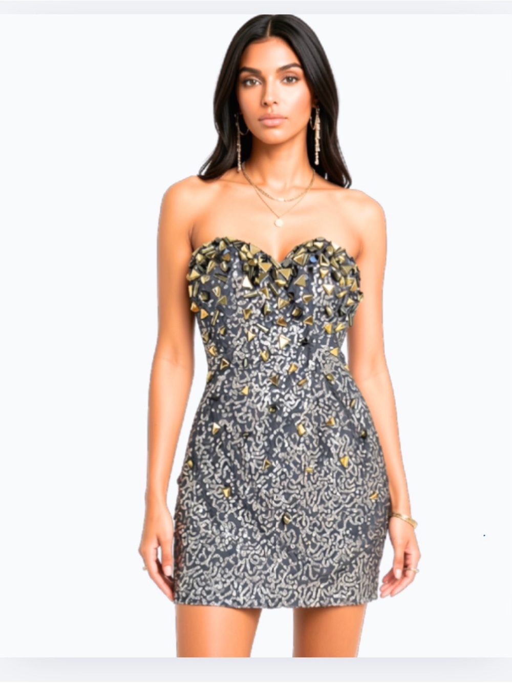 NWT! Aria Strapless Metallic Jeweled Embellished Mini Dress - Gold, Silver, Gray